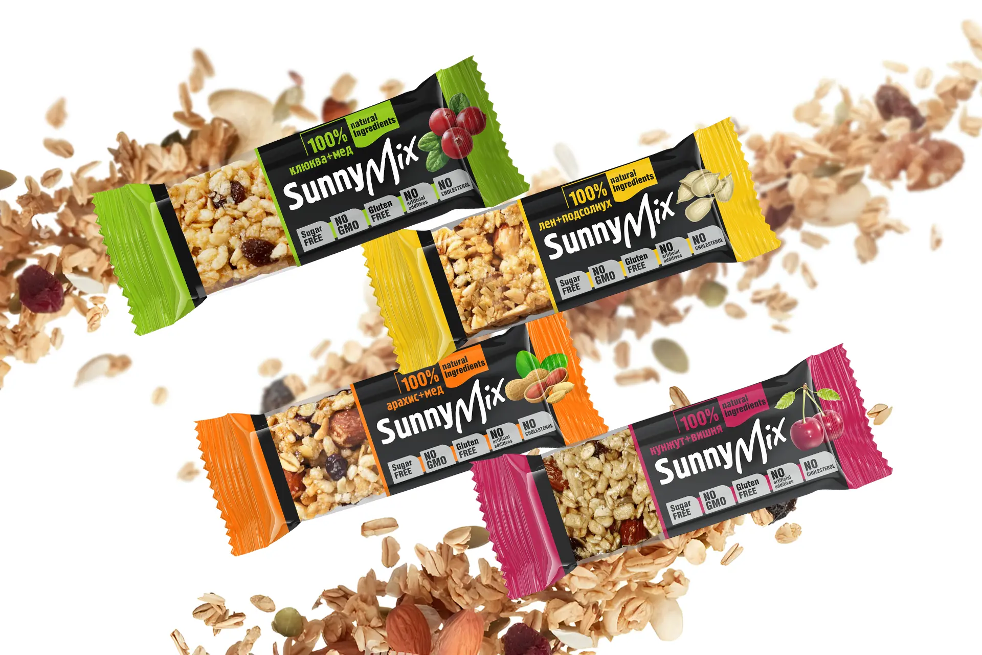 Разработка дизайна упаковки батончиков мюсли SunnyMix для аптечной сети Вита